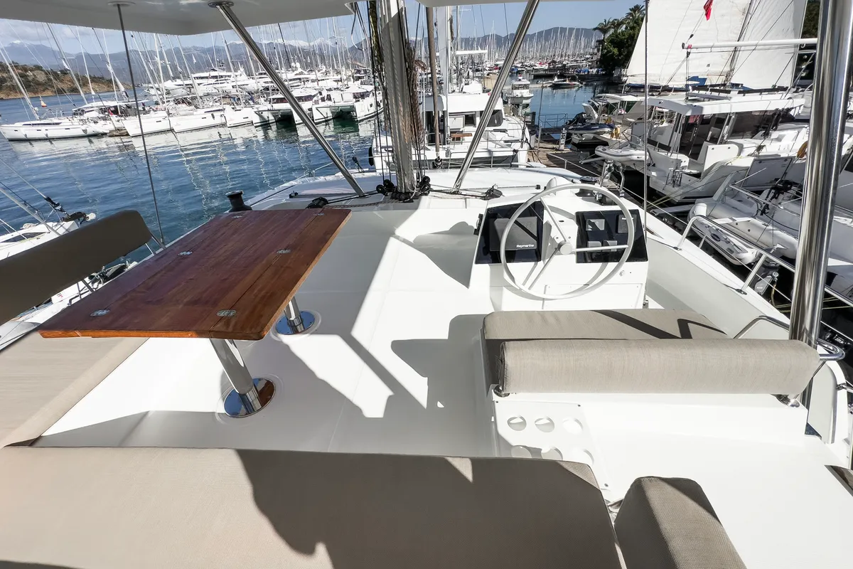Cockpit of Pagora, a Bali 4.8 catamaran at Fethiye, Turkey