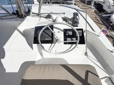 Cockpit of Pagora, a Bali 4.8 catamaran at Fethiye, Turkey