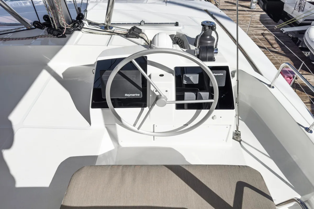Cockpit of Pagora, a Bali 4.8 catamaran at Fethiye, Turkey