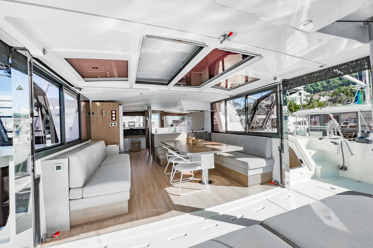 Salon of Pagora, a Bali 4.8 catamaran at Fethiye, Turkey