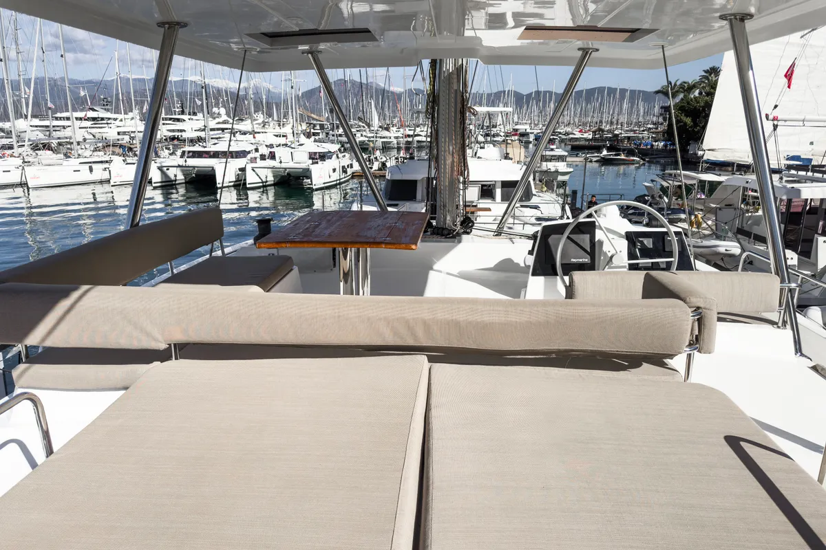 Deck of Pagora, a Bali 4.8 catamaran at Fethiye, Turkey