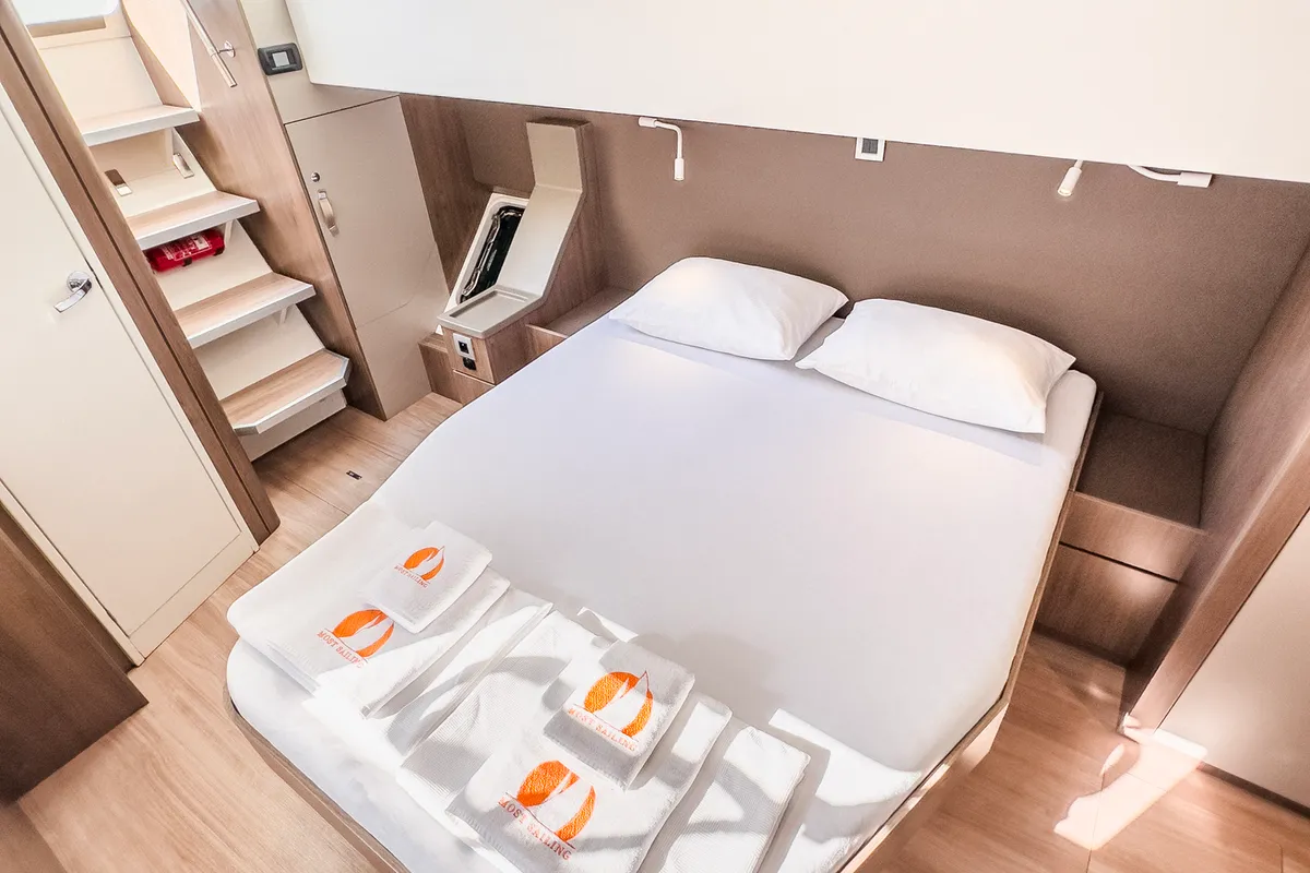 Cabin on Pagora, a Bali 4.8 catamaran at Fethiye, Turkey