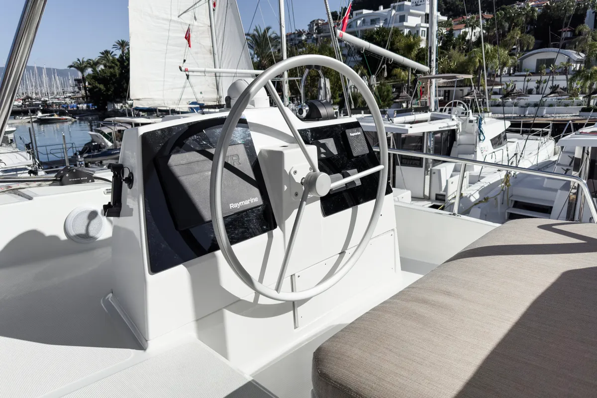 Cockpit of Pagora, a Bali 4.8 catamaran at Fethiye, Turkey