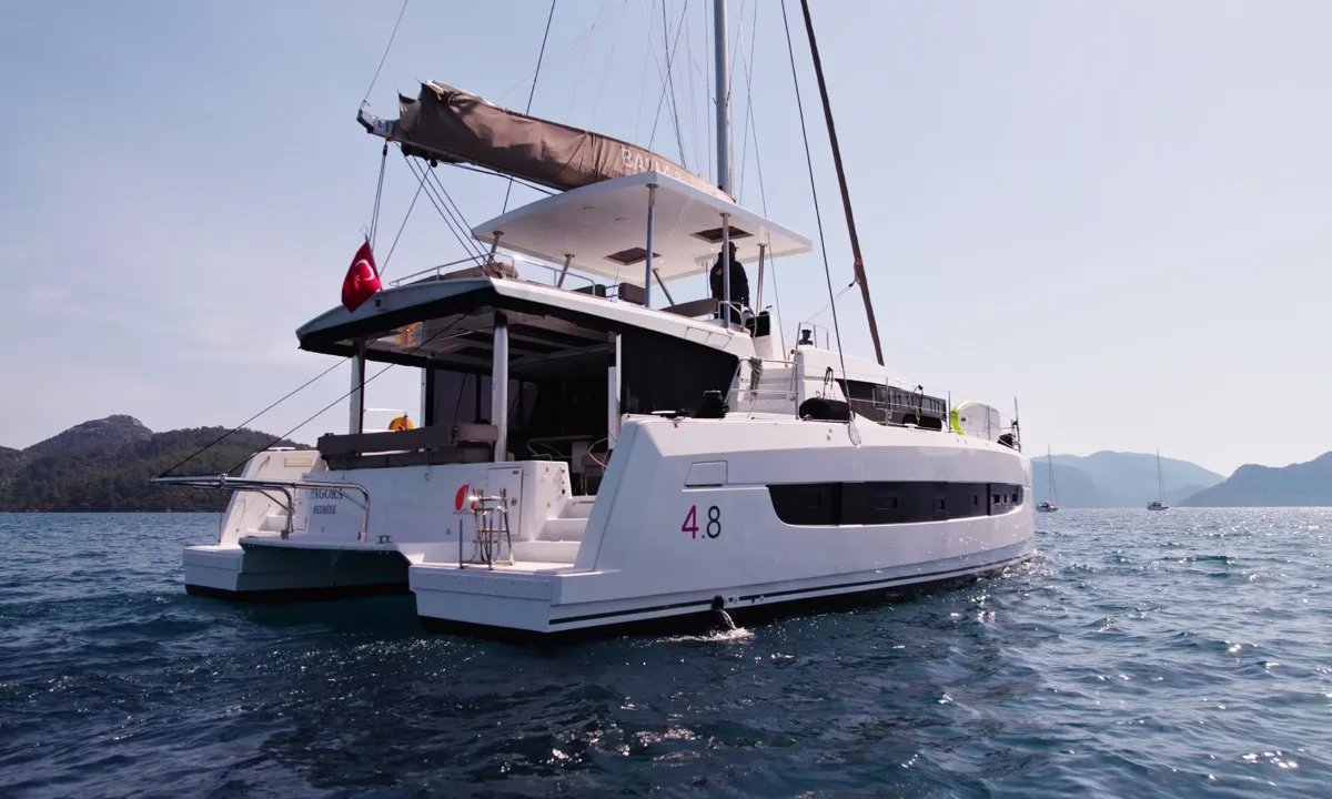 Exterior view of Pagora, a Bali 4.8 catamaran at Fethiye, Turkey