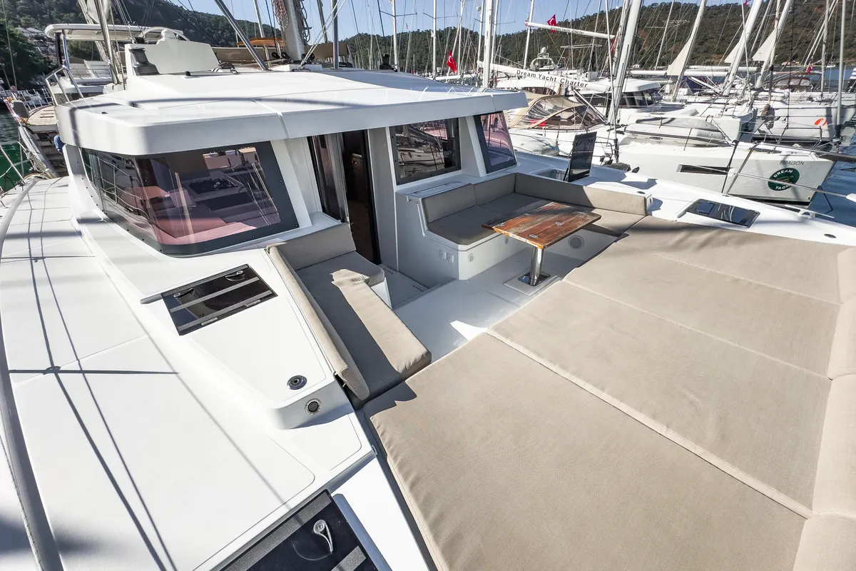Deck of Pagora, a Bali 4.8 catamaran at Fethiye, Turkey