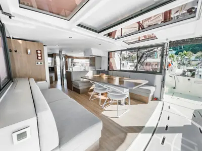 Salon of Pagora, a Bali 4.8 catamaran at Fethiye, Turkey