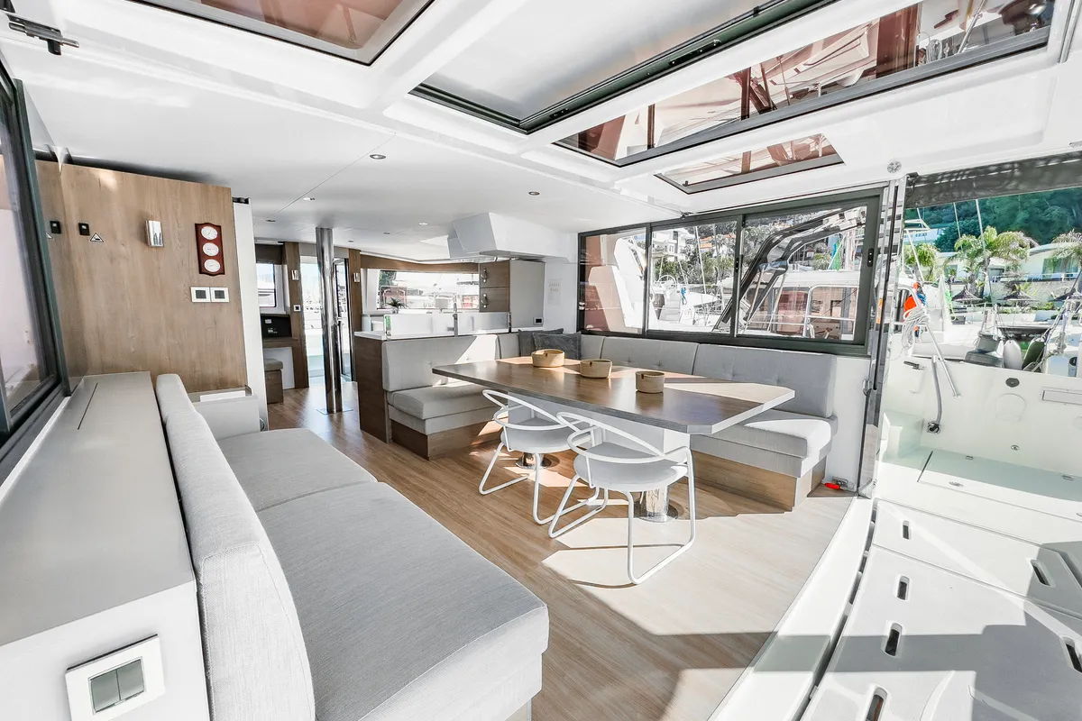 Salon of Pagora, a Bali 4.8 catamaran at Fethiye, Turkey