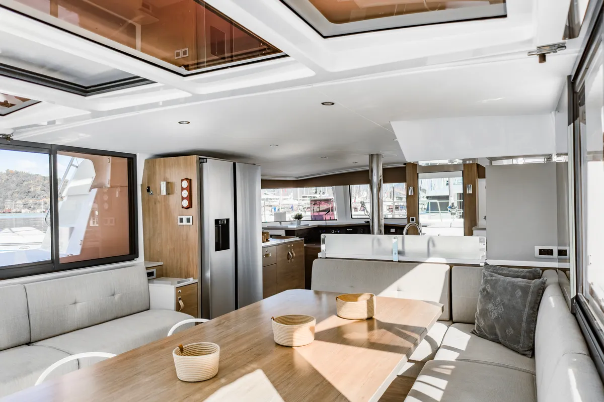 Salon of Pagora, a Bali 4.8 catamaran at Fethiye, Turkey