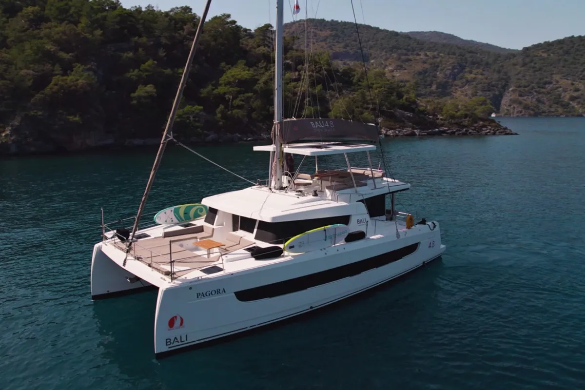 Exterior view of Pagora, a Bali 4.8 catamaran at Fethiye, Turkey