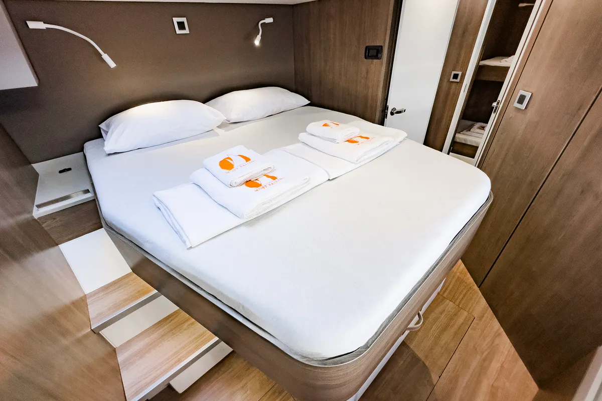 Cabin on Pagora, a Bali 4.8 catamaran at Fethiye, Turkey