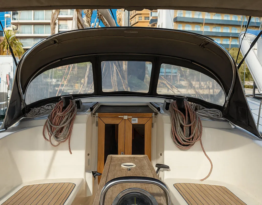Cockpit of Bintan, a Bavaria Cruiser 41 sailboat at Palma de Mallorca, Spain