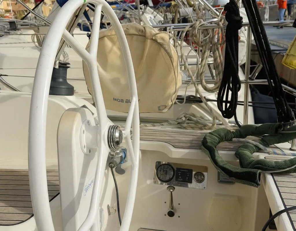 Cockpit of Bintan, a Bavaria Cruiser 41 sailboat at Palma de Mallorca, Spain