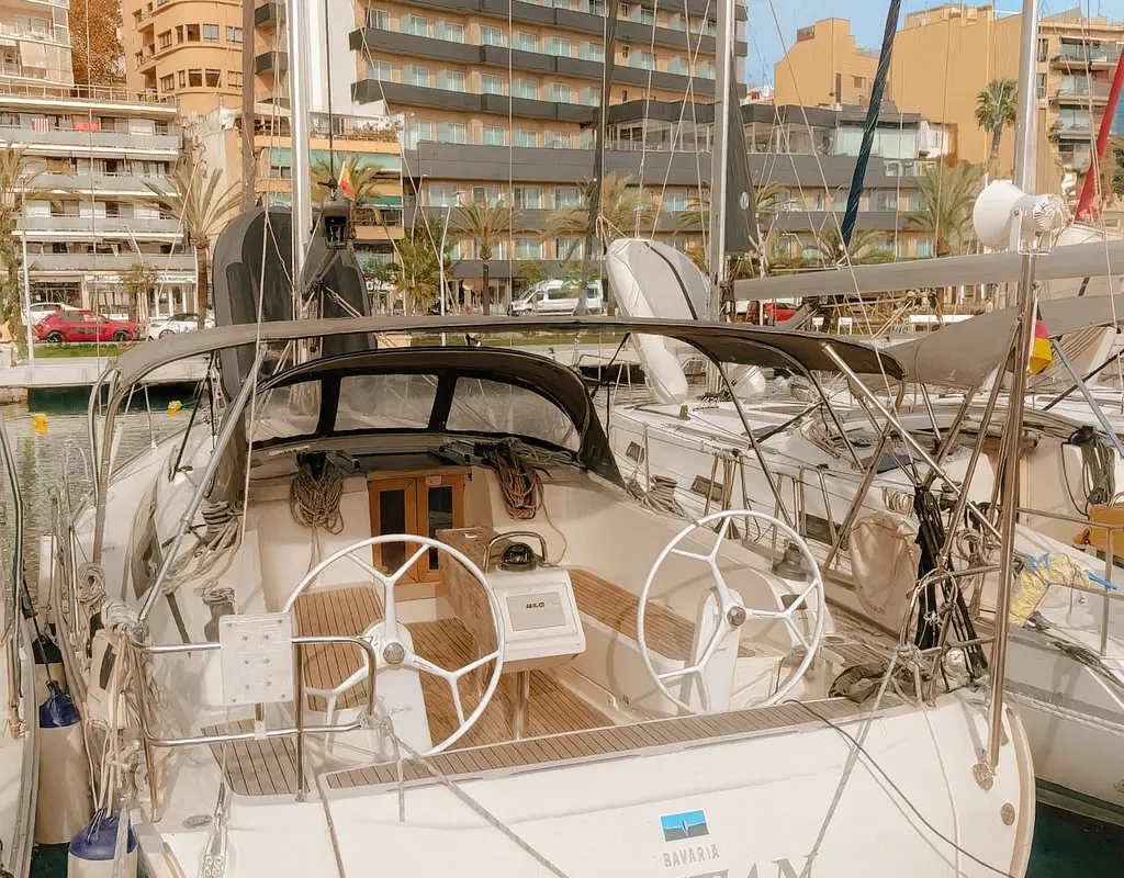 Cockpit of Bintan, a Bavaria Cruiser 41 sailboat at Palma de Mallorca, Spain