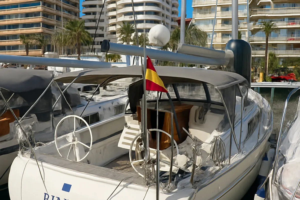 Exterior view of Bintan, a Bavaria Cruiser 41 sailboat at Palma de Mallorca, Spain