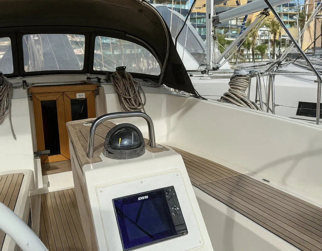 Cockpit of Bintan, a Bavaria Cruiser 41 sailboat at Palma de Mallorca, Spain