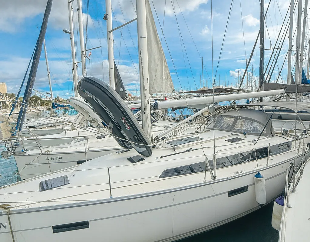 Exterior view of Bintan, a Bavaria Cruiser 41 sailboat at Palma de Mallorca, Spain