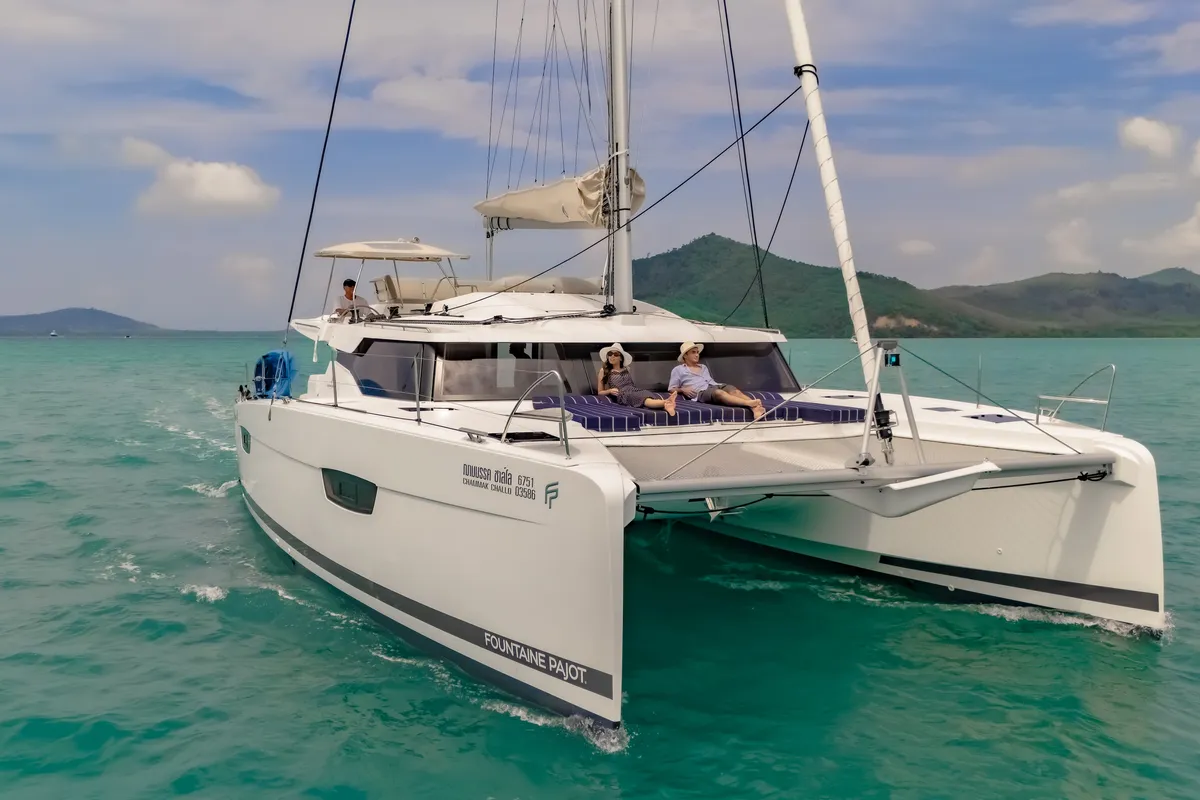 Exterior view of Chammak Challo, a Fountaine Pajot Elba 45 catamaran at Mai Khao, Thailand