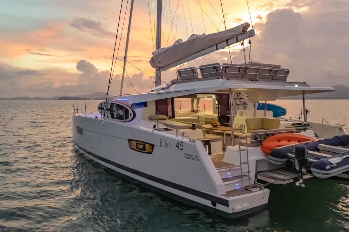 Exterior view of Chammak Challo, a Fountaine Pajot Elba 45 catamaran at Mai Khao, Thailand