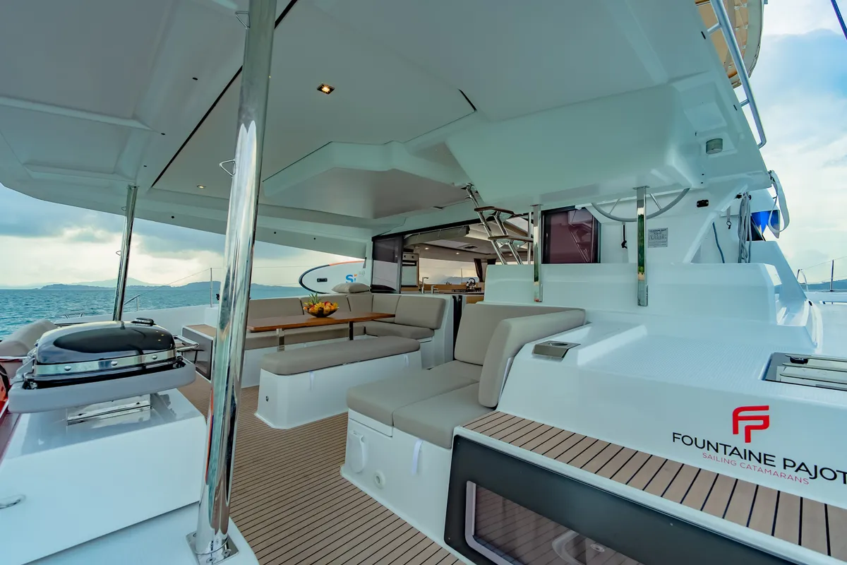 Deck of Chammak Challo, a Fountaine Pajot Elba 45 catamaran at Mai Khao, Thailand