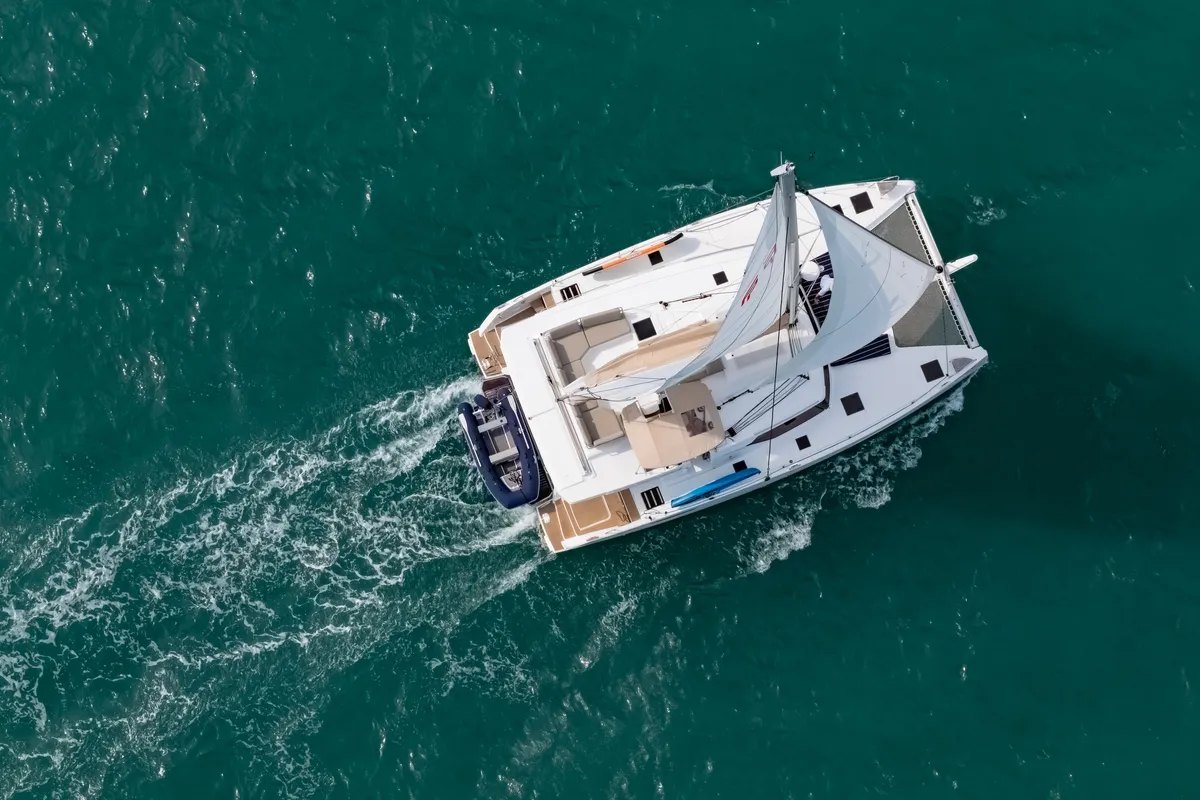 Exterior view of Chammak Challo, a Fountaine Pajot Elba 45 catamaran at Mai Khao, Thailand