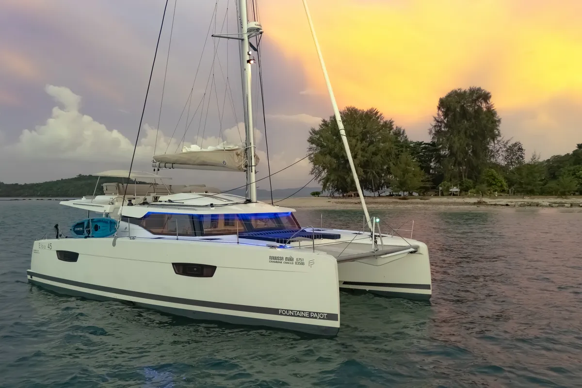 Exterior view of Chammak Challo, a Fountaine Pajot Elba 45 catamaran at Mai Khao, Thailand