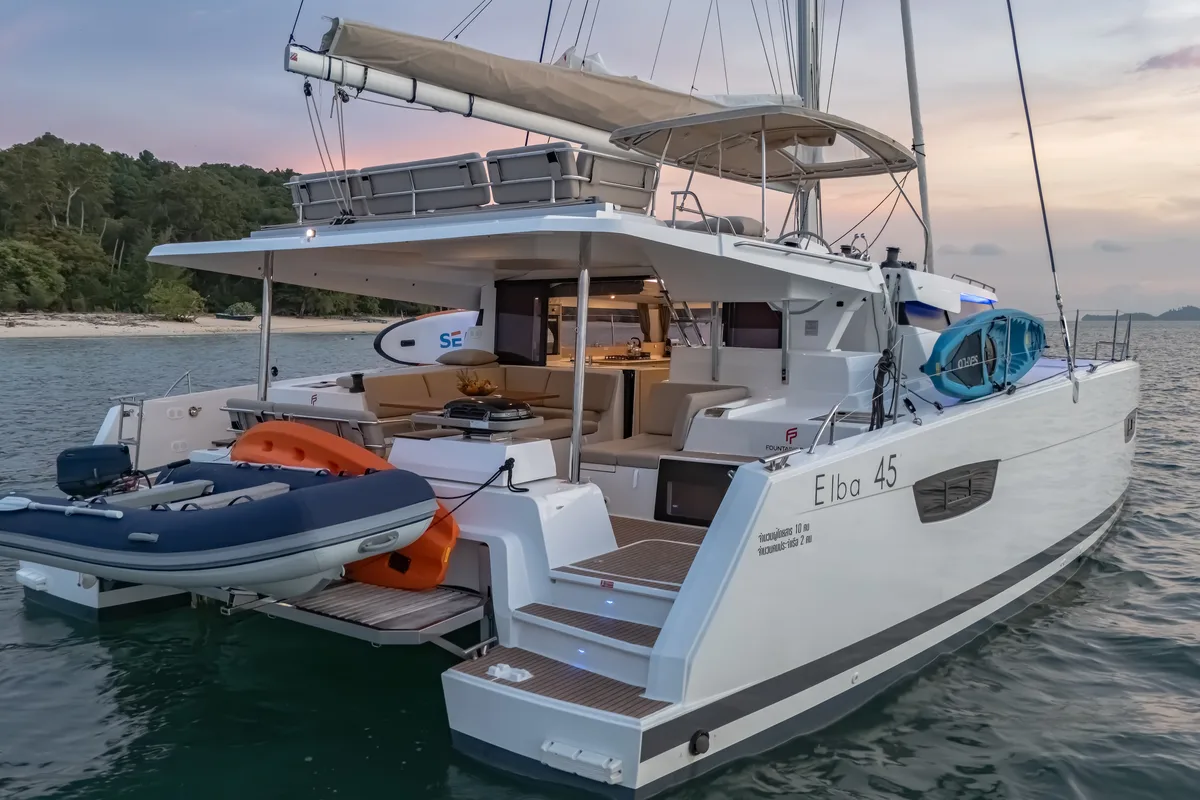 Exterior view of Chammak Challo, a Fountaine Pajot Elba 45 catamaran at Mai Khao, Thailand