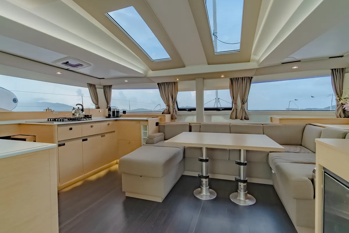 Salon of Chammak Challo, a Fountaine Pajot Elba 45 catamaran at Mai Khao, Thailand