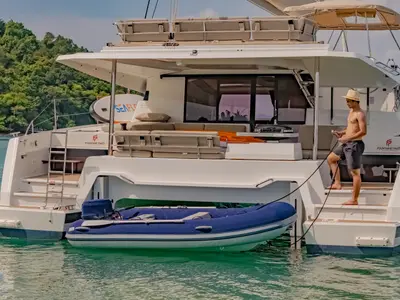 Deck of Chammak Challo, a Fountaine Pajot Elba 45 catamaran at Mai Khao, Thailand