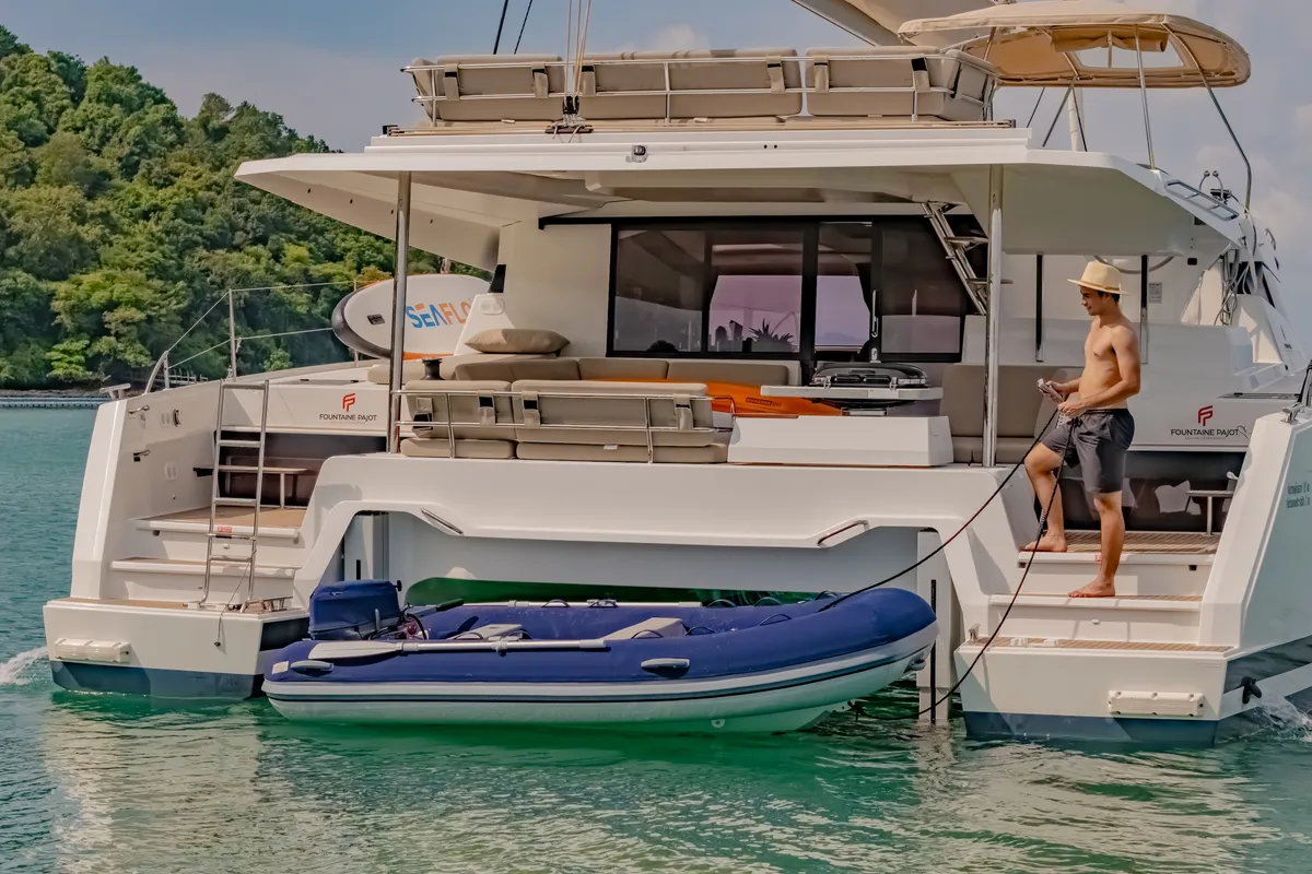 Deck of Chammak Challo, a Fountaine Pajot Elba 45 catamaran at Mai Khao, Thailand
