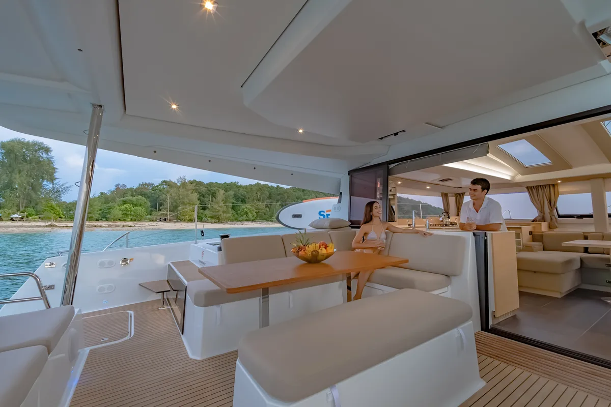 Deck of Chammak Challo, a Fountaine Pajot Elba 45 catamaran at Mai Khao, Thailand
