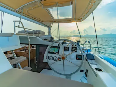 Cockpit of Chammak Challo, a Fountaine Pajot Elba 45 catamaran at Mai Khao, Thailand
