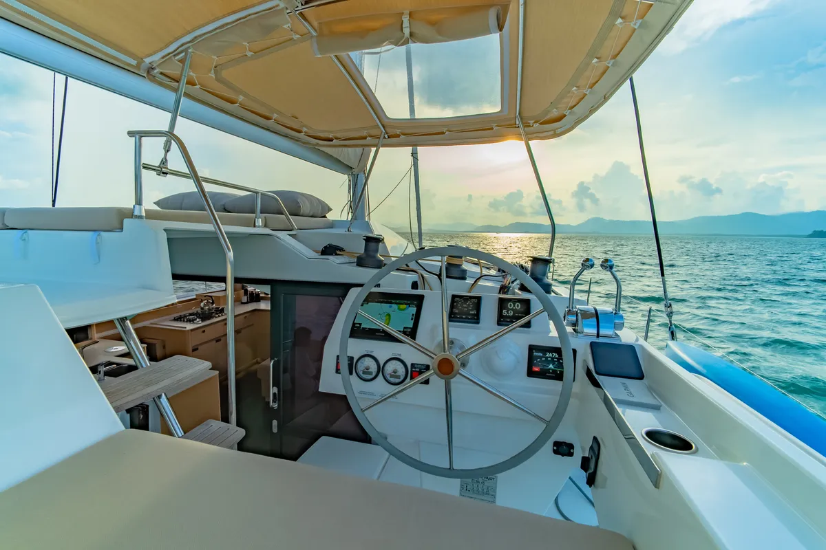 Cockpit of Chammak Challo, a Fountaine Pajot Elba 45 catamaran at Mai Khao, Thailand
