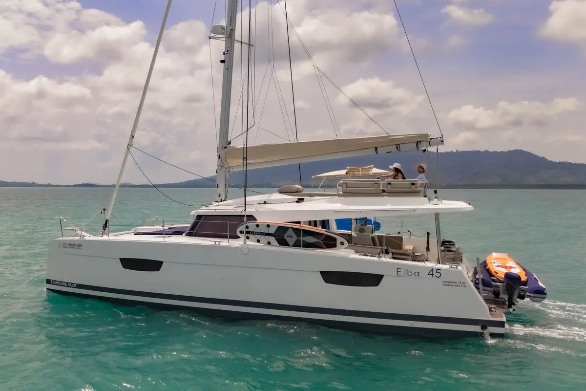 Exterior view of Chammak Challo, a Fountaine Pajot Elba 45 catamaran at Mai Khao, Thailand