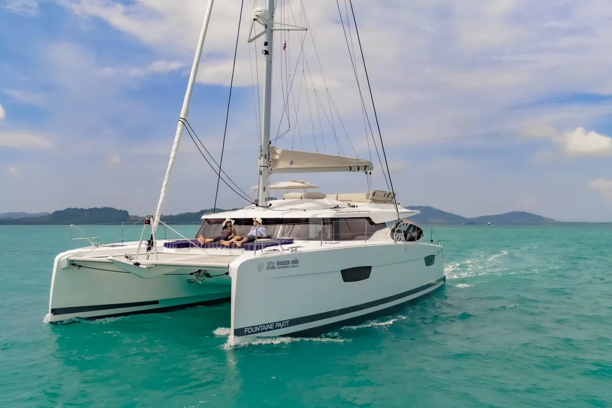 Exterior view of Chammak Challo, a Fountaine Pajot Elba 45 catamaran at Mai Khao, Thailand