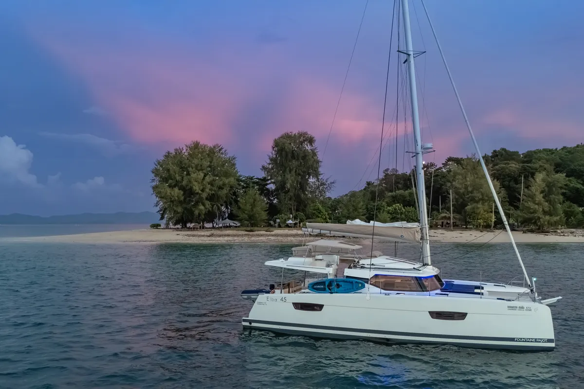 Exterior view of Chammak Challo, a Fountaine Pajot Elba 45 catamaran at Mai Khao, Thailand