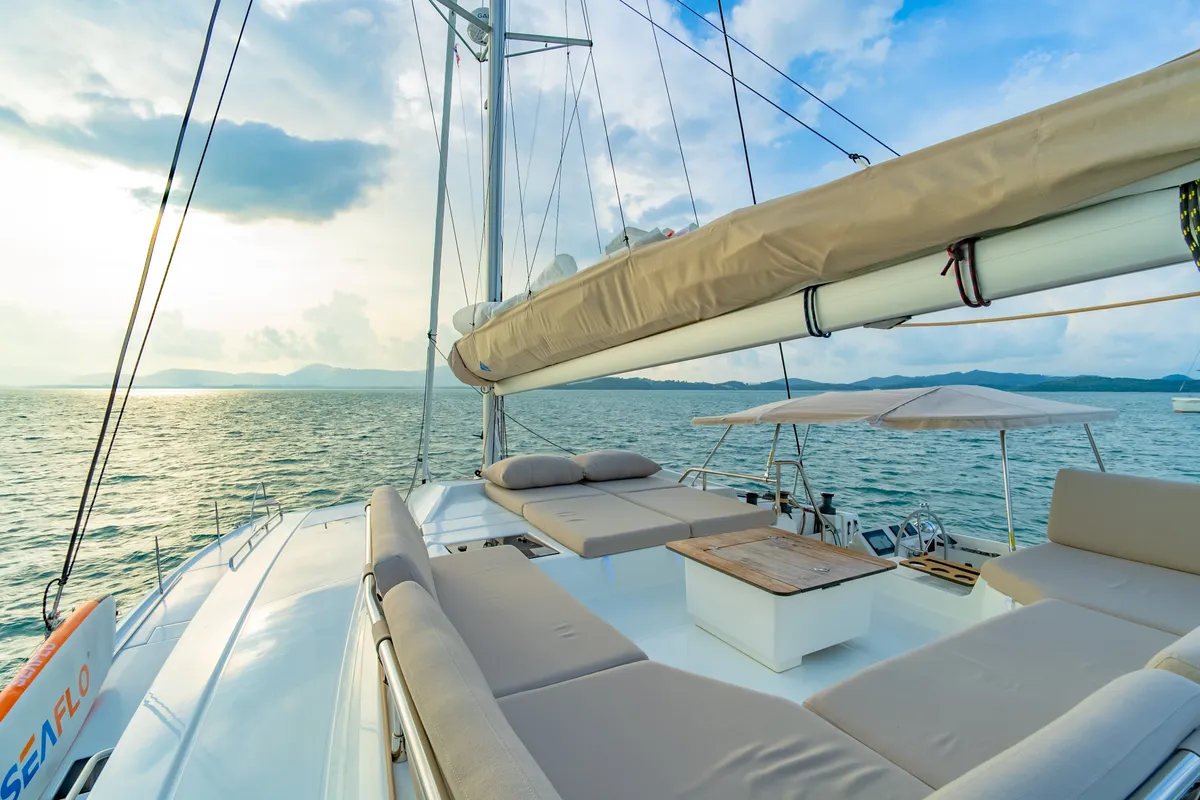 Deck of Chammak Challo, a Fountaine Pajot Elba 45 catamaran at Mai Khao, Thailand