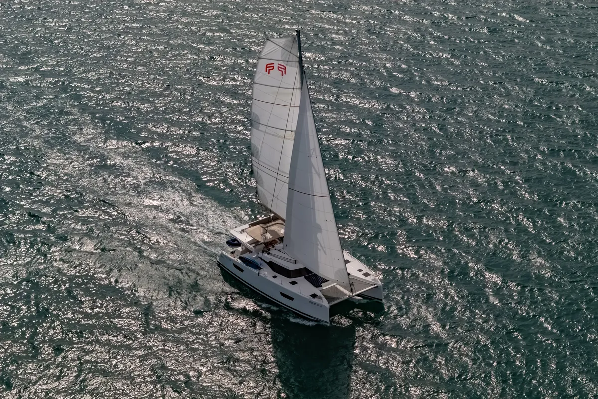 Exterior view of Chammak Challo, a Fountaine Pajot Elba 45 catamaran at Mai Khao, Thailand