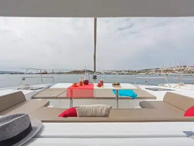 Deck of E.S., a Bali 4.1 catamaran at Municipal Unit of Lefkada, Greece