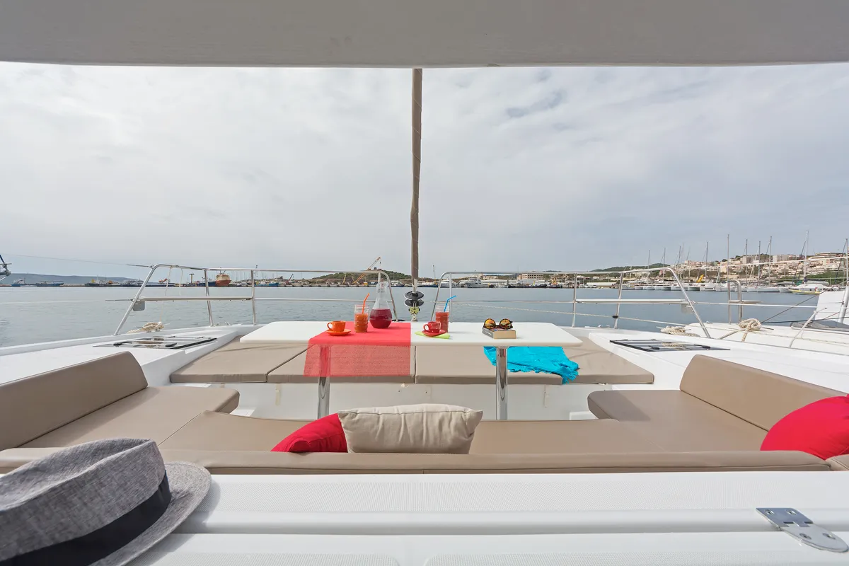 Deck of E.S., a Bali 4.1 catamaran at Municipal Unit of Lefkada, Greece