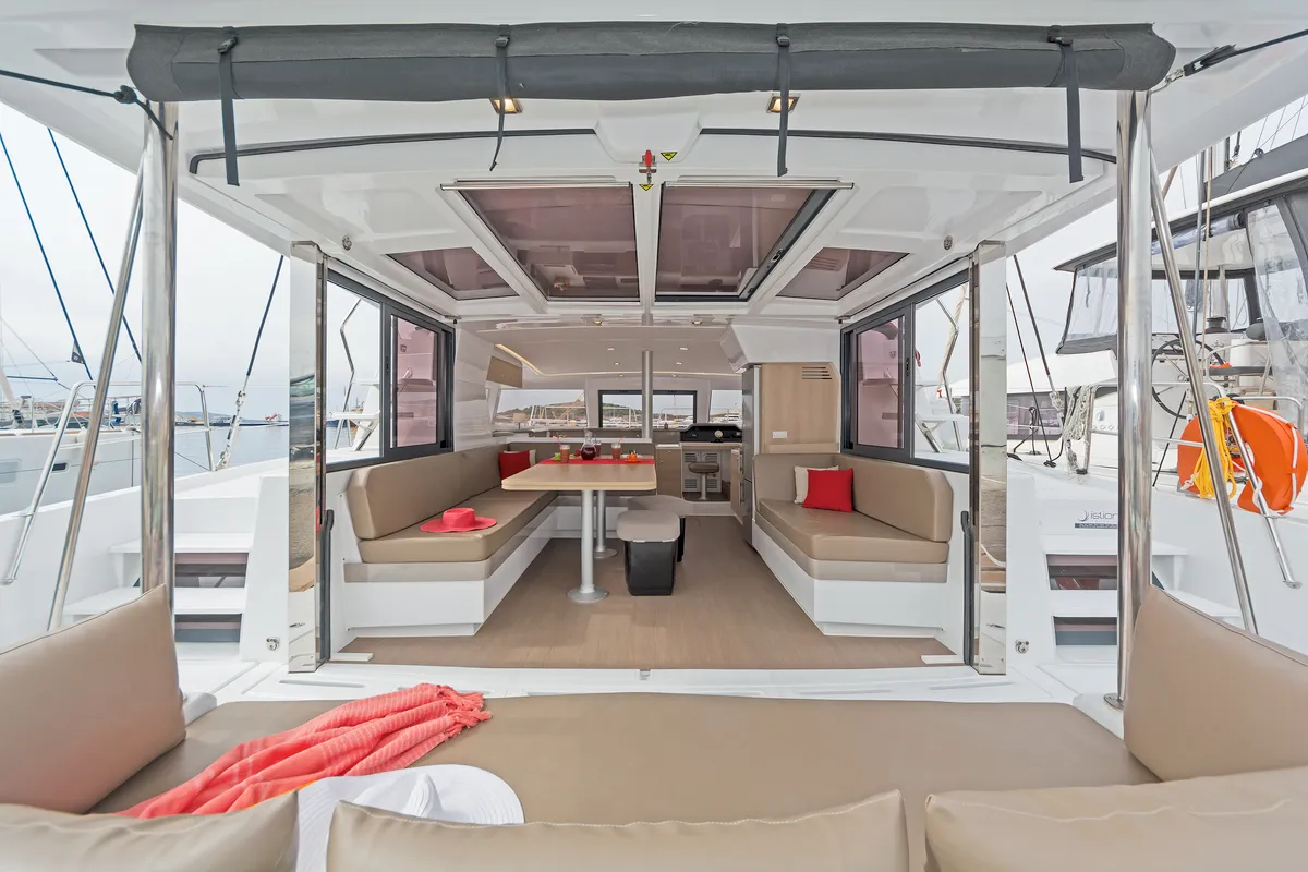 Deck of E.S., a Bali 4.1 catamaran at Municipal Unit of Lefkada, Greece