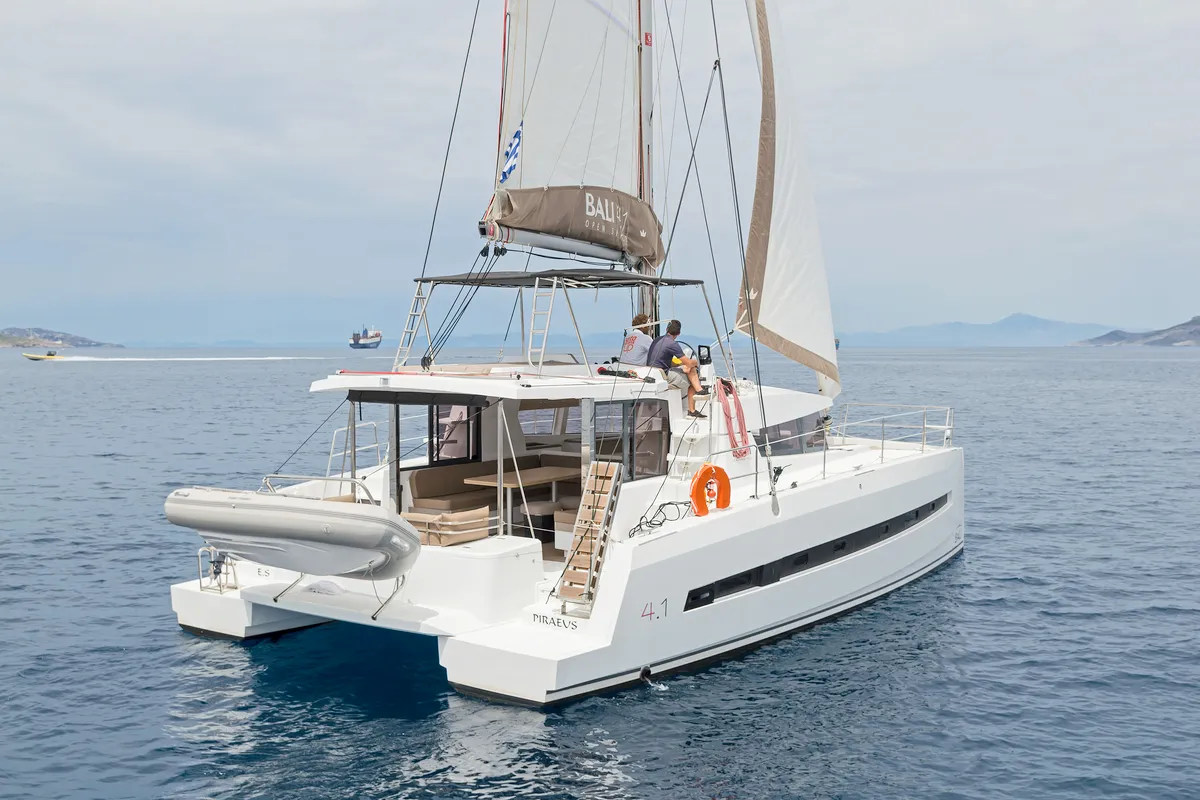 Exterior view of E.S., a Bali 4.1 catamaran at Municipal Unit of Lefkada, Greece
