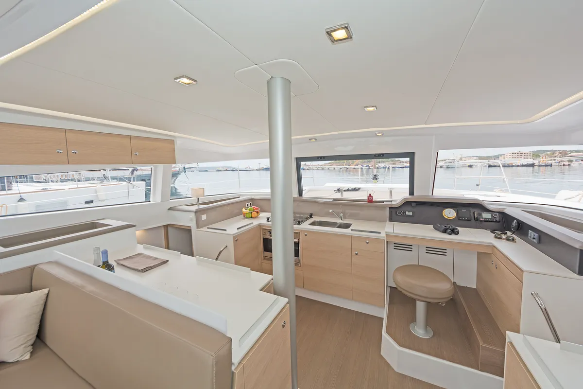 Salon of E.S., a Bali 4.1 catamaran at Municipal Unit of Lefkada, Greece