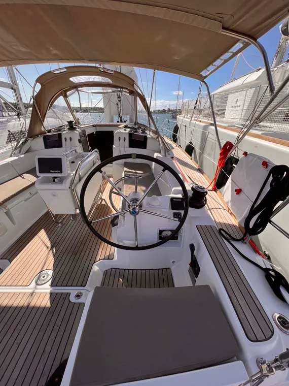 Cockpit of MoElli, a Jeanneau Sun Odyssey 389 sailboat at Felanitx, Spain