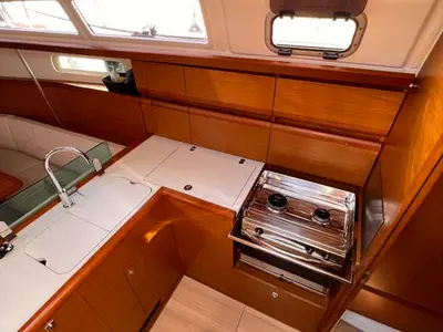 Galley of MoElli, a Jeanneau Sun Odyssey 389 sailboat at Felanitx, Spain