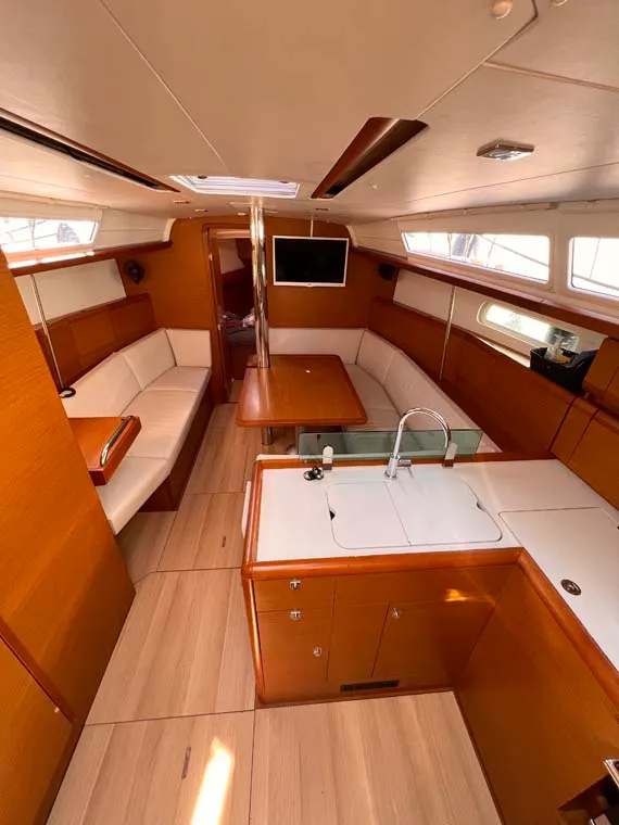 Salon of MoElli, a Jeanneau Sun Odyssey 389 sailboat at Felanitx, Spain