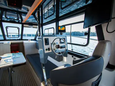 Cockpit of Cobra Yachts Futura 40 Grand Horizon, a motorboat at Wilkasy, Poland