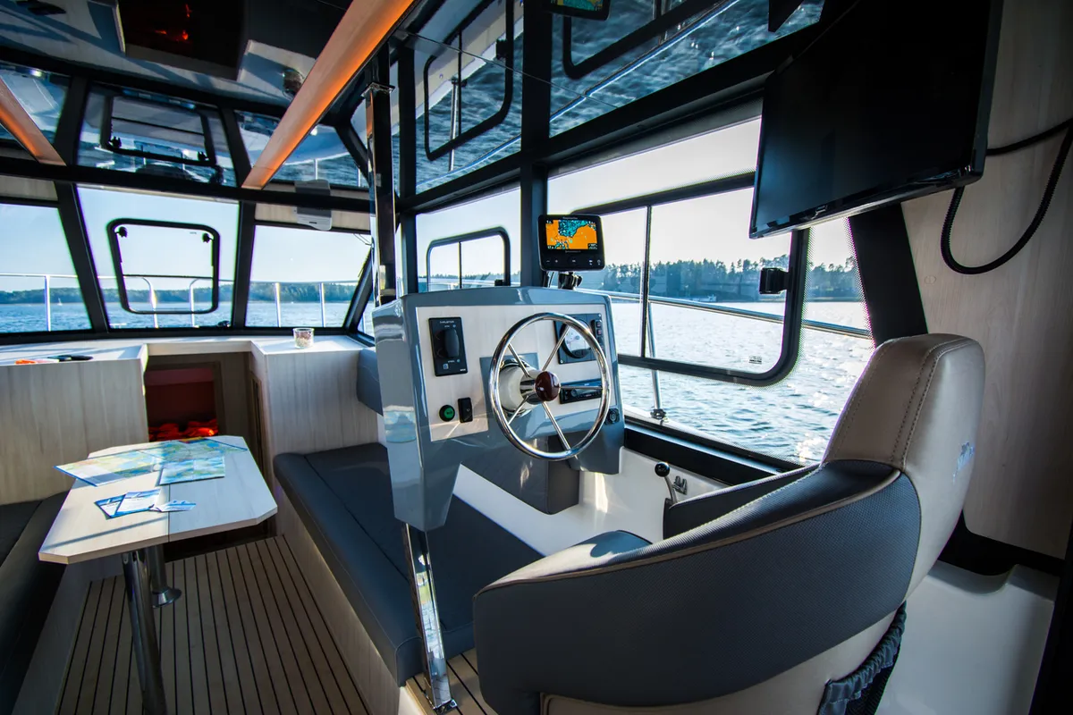 Cockpit of Cobra Yachts Futura 40 Grand Horizon, a motorboat at Wilkasy, Poland