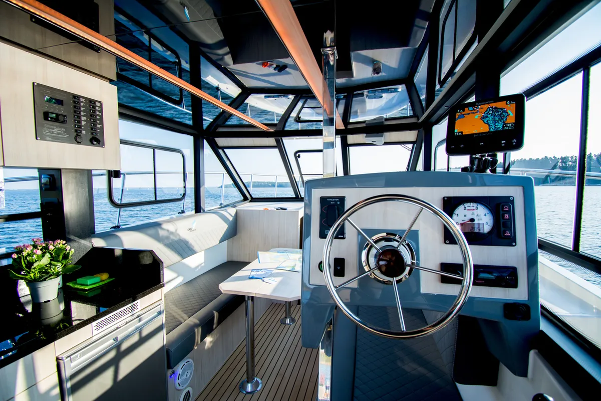 Cockpit of Cobra Yachts Futura 40 Grand Horizon, a motorboat at Wilkasy, Poland