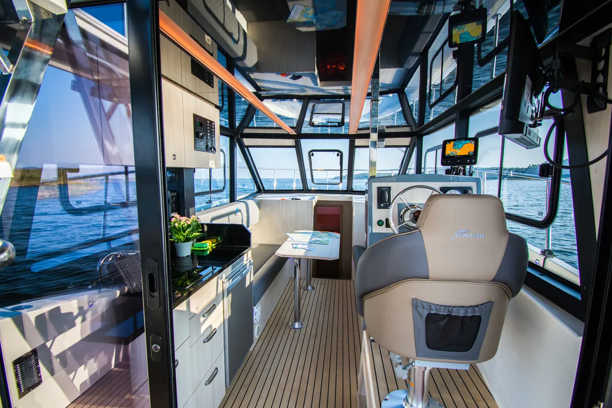 Cockpit of Cobra Yachts Futura 40 Grand Horizon, a motorboat at Wilkasy, Poland