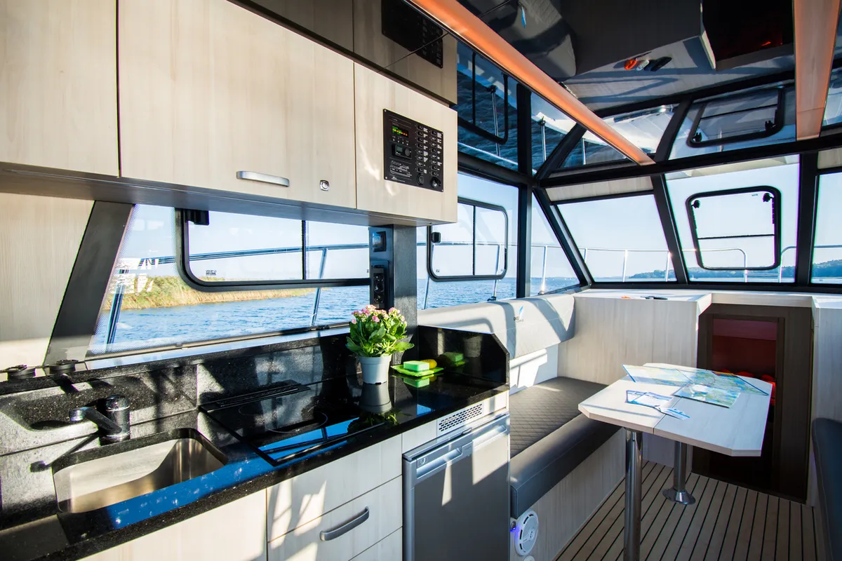 Galley of Cobra Yachts Futura 40 Grand Horizon, a motorboat at Wilkasy, Poland